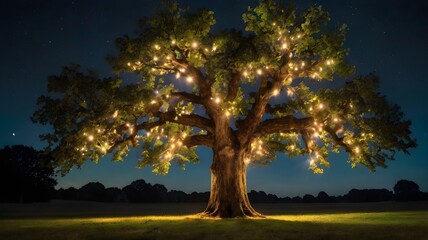Magical Illuminated Oak Tree with August 15 Date: Perfect for Seasonal Events, Celebrations, Dreamy Marketing Campaigns, Festive Autumn Designs, Holiday Decor