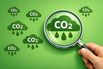 Magnifying glass focus to icon of reduce CO2 emissions carbon for climate change to limit global warming and sustainable development and green business concept