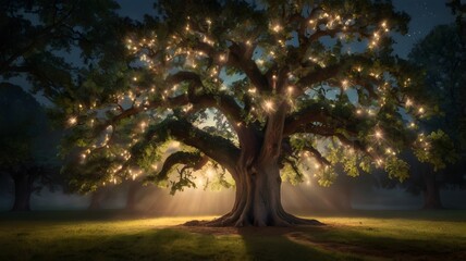 Magical Illuminated Oak Tree with August 15 Date: Perfect for Seasonal Events, Celebrations, Dreamy Marketing Campaigns, Festive Autumn Designs, Holiday Decor