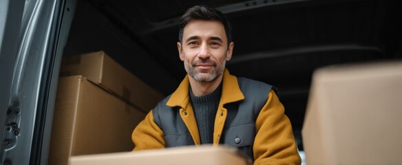 delivery driver organizing packages in a van for efficient distribution