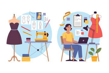 A fashion designer working on a new collection with a sewing machine and laptop