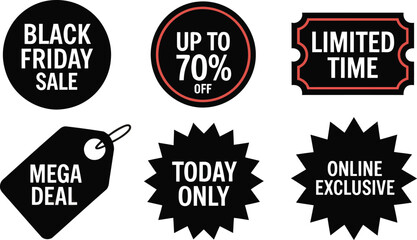 Obraz premium Bold black sale badges and labels for retail promotions and marketing campaigns