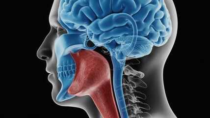 Human Head Anatomy  with Highlighted Brain and Throat for Medical and Neurological Study