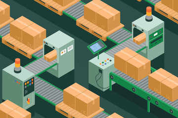 An isometric illustration of a modern factory production line with cardboard boxes on conveyor belts