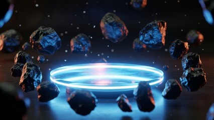 Floating asteroids around futuristic platform with neon light display