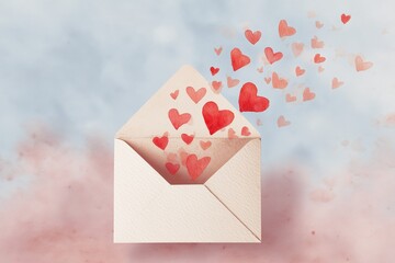 Open envelope with floating red hearts on soft blue and pink background