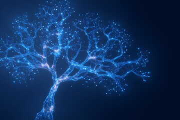 Glowing digital tree with neural network branches on dark blue background