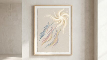 template for wall art featuring a soft pastel design depicting three abstract figures journeying toward a radiant star on a subtly textured background resembling paper