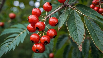 A branch of mountain ash with ripe berries, showcasing vibrant autumn colors, natural beauty, lush foliage, and the seasonal charm of wild forest landscapes