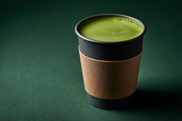 Hot matcha green tea in eco-friendly cup on dark green background