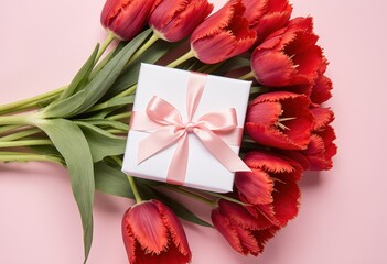 Elegant white gift box with pink ribbon and red tulips on soft pink background