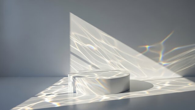 Minimalist white podium with beautiful sun caustics and shadows in a clean studio