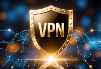 Golden vpn shield with network background representing cybersecurity and privacy