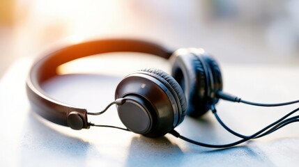 Black headphones resting on a smooth surface, showcasing sleek design and modern technology, perfect for music lovers and audio enthusiasts seeking quality sound experience