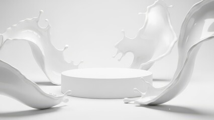 White Milk Splash Around Empty Podium for Product Display in Studio