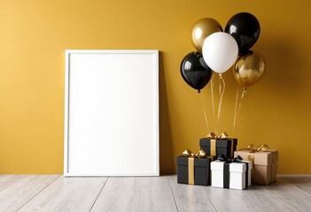 Elegant celebration scene with blank frame, black and gold balloons, gift boxes
