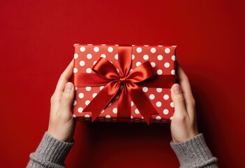 Hands holding polka dot gift box with red ribbon on red background