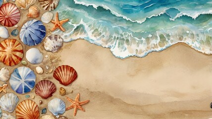 Watercolor Summer Beach Template: Sea Coast, Sandy Shore, Gentle Waves, Seashells, Maldives Vacation, Hello Summer Banner, Social Media Poster, Hand-Painted Illustration