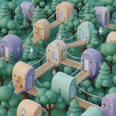 Colorful treehouses connected by bridges in a green forest setting with pathways and trees