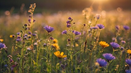 Wild flowers in a meadow at sunset, macro photography with shallow depth of field, capturing abstract August summer nature, vibrant colors, and serene floral beauty