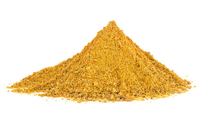 Aromatic spice of curry powder isolated on a white background. Mix ground turmeric, fenugreek, coriander, ginger, cumin, allspice, chili, nutmeg, cardamom.