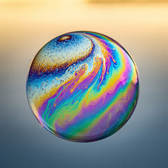 Colorful soap bubble floating in the air during sunset with a blurred background of soft colors