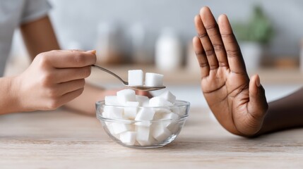 Person refusing sugar cubes from a bowl, demonstrating healthy lifestyle choices and dietary awareness, emphasizing the importance of moderation in sugar consumption