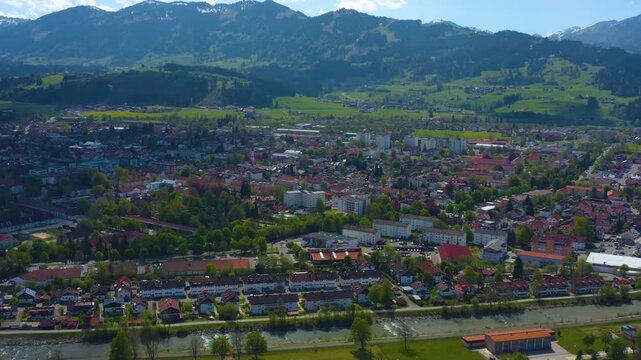 Aerial view of the city Sonthofen in Germany, Bavaria on a sunny spring day 