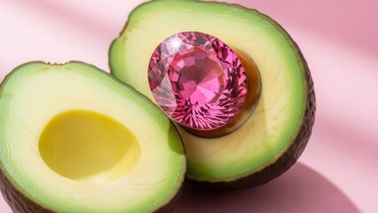 Juicy avocado halved with a large pink gemstone in its center