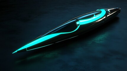 A futuristic speedboat with neon lights glows in the dark water at night