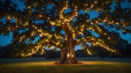 Magical Illuminated Oak Tree with August 15 Date: Perfect for Seasonal Events, Celebrations, Dreamy Marketing Campaigns, Festive Autumn Designs, Holiday Decor