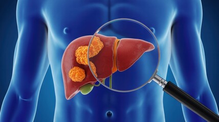 Liver Disease Medical Illustration with Tumor Magnification and Diagnostic Focus