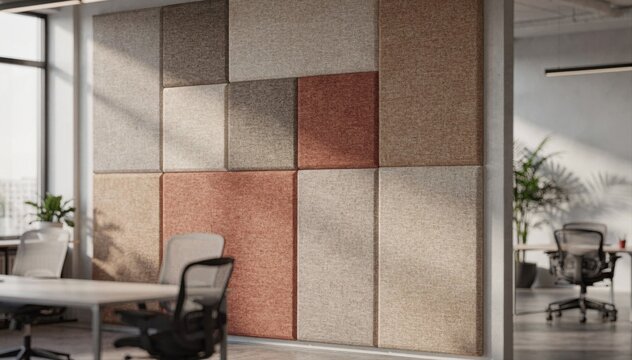 Medium shot of fabricwrapped acoustic wall panels in a modern office space enhancing sound absorption and adding warm texture to the work environment.