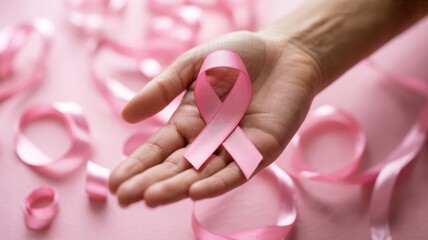 Breast Cancer Awareness  with Hand Holding Pink Ribbon on Soft Background