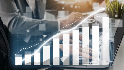 A businessman examines growth trends using a laptop, showcasing digital charts, graphs, and economic indicators in a modern office setting, reflecting success. Copula