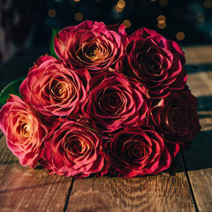 Bouquet of red roses placed on wooden table with soft background lights