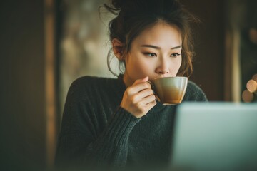 Young asian female enjoying coffee while using laptop in cozy setting