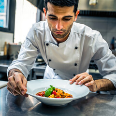 Chef prepares pasta dish in restaurant kitchen during dinner service at local eatery