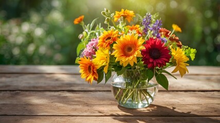 Bouquet of colorful summer flowers in glass vase on wooden table, warm sunlight, blurred green background, seasonal greetings &ldquo;Hello, August,&rdquo; perfect for social posts