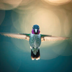 Hummingbird flying in front of cloud with sunlight shining on colorful feathers