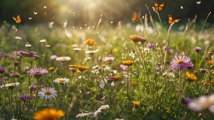 Dreamy meadow with butterflies and wildflowers in golden sunlight, capturing summer glade beauty, tranquil nature, and vibrant landscape scenery in a serene outdoor setting