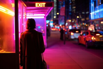 Female adult in urban night scene with neon lights and cityscape