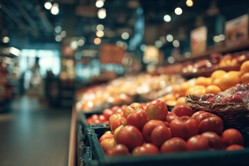 Fresh produce display with assorted fruits and vegetables in supermarket setting
