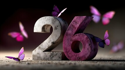 Chiffres vingt-six en relief avec papillons violets voltigeant autour