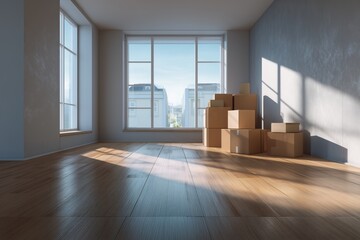 Sunny empty room with large windows and stacked moving boxes