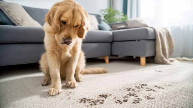 Golden retriever dog looking down at muddy paw prints on carpet in cozy living room, with couch and natural light creating a warm atmosphere of home