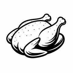Whole Chicken Line Art Black and White Illustration
