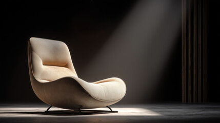 Fauteuil moderne beige dans un salon contemporain avec &eacute;clairage tamis&eacute;