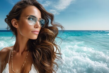 Woman enjoying sunny day at the beach with ocean waves in the background