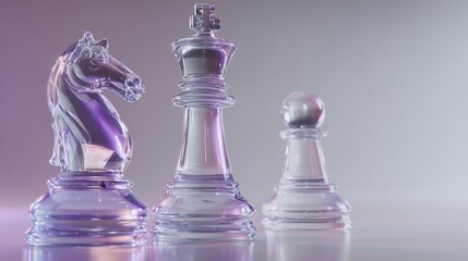 Crystal chess pieces: knight, king, and pawn in soft lighting